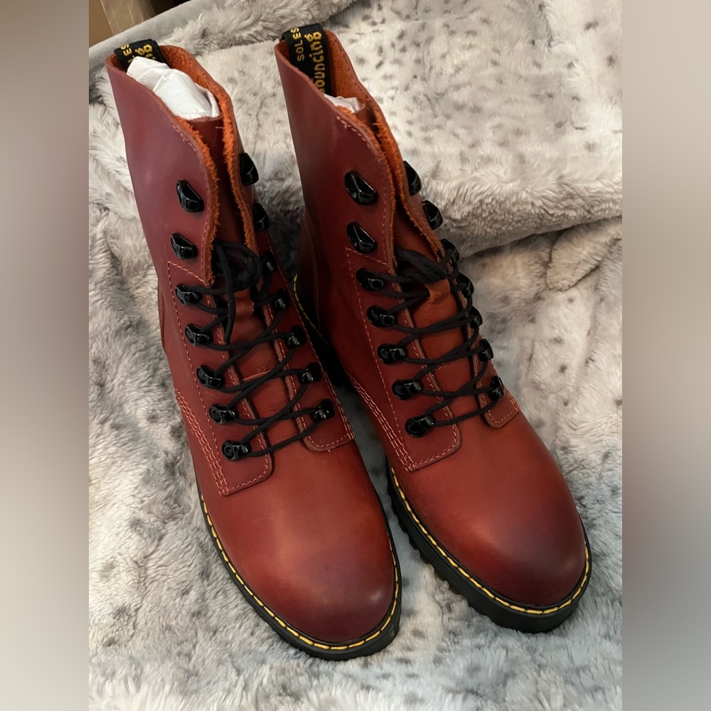 Dr. Martens Leona Platform Heeled Hiker in Brick Burnished Wyoming Great Reviews